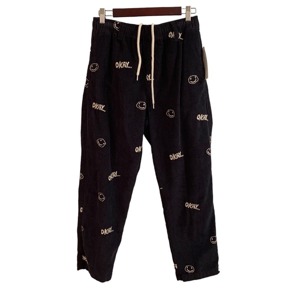Urban Outfitters Men’s Corduroy Navy Blue Smiley Faces OKAY Embroidered Small - Picture 2 of 16